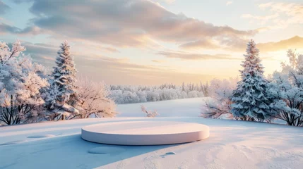Gardinen Podium for product demonstration, mesmerizing beautiful winter landscape in the background, saturated colors, bright picture © shooreeq