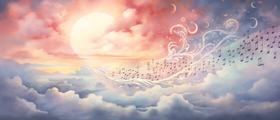A dreamy watercolor painting of a musical note floating across a twilight sky, suggesting a melody that transcends the ordinary