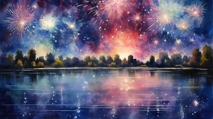 A dynamic watercolor of fireworks exploding in a starry night sky, their reflections illuminating a tranquil lake below - obrazy, fototapety, plakaty