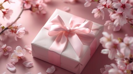 Obraz na płótnie Canvas Elegant Small Present Gift Box with Sakura Flowers