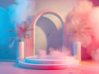 Podium for product demonstration, mesmerizing beautiful fashion background, saturated colors, bright picture