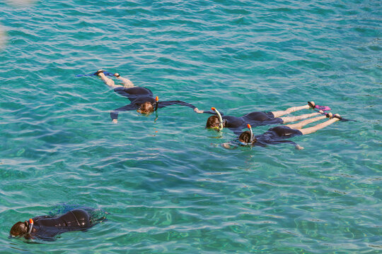 Snorkeling in turquoise waters. All are equipped with black wetsuits and essential snorkeling gear including masks and snorkels. They are floating on the surface of the sea. Adventure, underwater