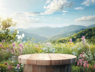 Naklejka premium Podium for product demonstration, mesmerizing beautiful summer landscape in the background, saturated colors, bright picture