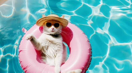 funny cool cat on inflatable mattress chilling on a pool wearing sunglasses - obrazy, fototapety, plakaty