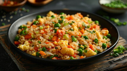Cauliflower fried rice with carrots, peas, scrambled egg, and soy sauce.