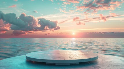 Podium for product demonstration, mesmerizing ocean with beautiful sky in the background, saturated colors, 3d render