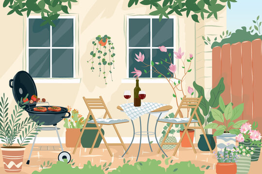 Patio area flat vector illustration. House backyard with cooking grill, green plants, trees. Garden modern furniture for barbecue and picnic. Cartoon outdoor furnished yard for BBQ summer parties