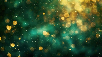 Abstract blur bokeh banner background with golden bokeh lights against a softly defocused emerald green backdrop. - obrazy, fototapety, plakaty