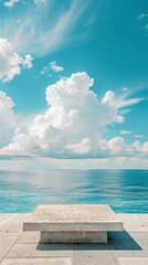 Product demonstration podium, mesmerizing ocean with beautiful sky in the background, bright colors