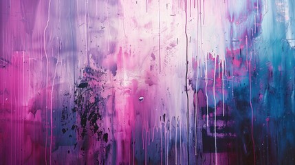 Abstract beauty of messy paint strokes and smudges on an old wall, featuring a captivating mix of pink, purple, and blue drips and sprays.