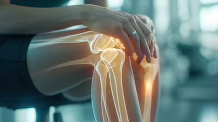 Digitally composite image of man suffering with knee cramp