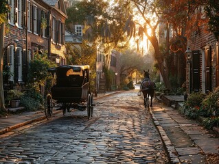 Fototapeta na wymiar A charming cobblestone street lined with historic buildings, as a horse-drawn carriage makes its way through the winding lanes old-world charm Soft, golden light bathes the scene, enhancing