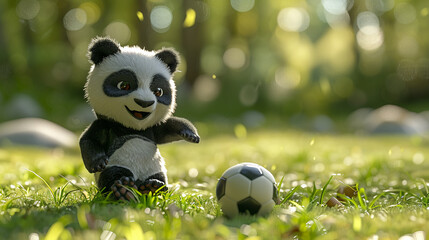 Fototapeta premium A joyful soccer-playing Panda in a cartoon style with soft sculpture design