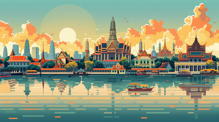 A lively illustration of Bangkok Temple in Thailand  cityscape