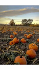 Pumpkin patch with various sizes of pumpkins under a clear fall sky