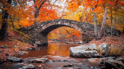 Old stone bridge over a creek surrounded by trees in peak fall colors