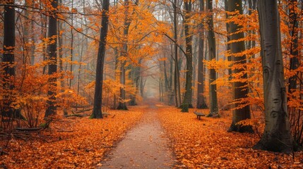Path covered with orange and yellow leaves leading through a forest