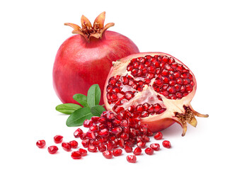Pomegranate with cut in half isolated on white background.