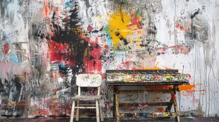 Expressive chaos of messy paint strokes and smudges on an old painted wall.