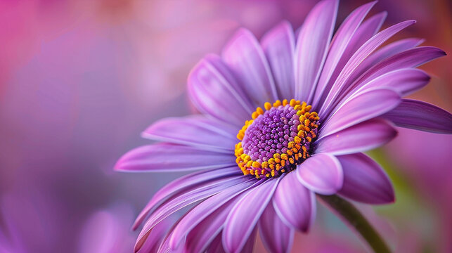 A purple flower is in focus with a blurred background.

