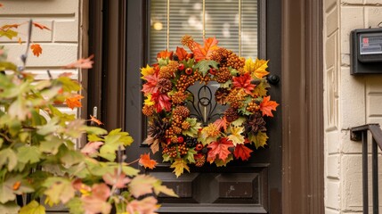 Decorative fall wreath hanging on a front door