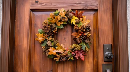 Decorative fall wreath hanging on a front door