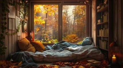 Cozy reading nook by a window with a view of a forest in autumn - obrazy, fototapety, plakaty