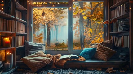 Cozy reading nook by a window with a view of a forest in autumn - obrazy, fototapety, plakaty