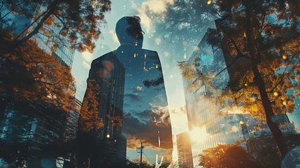 Foto op Plexiglas Man wearing suit walking on the city with skyscrapers double exposure overlay of green summer forest vegetation © Barosanu