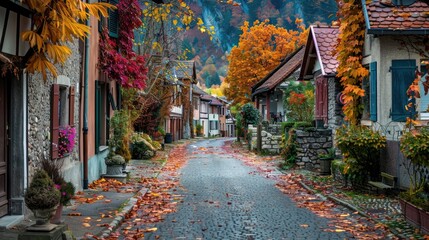 A street lined with trees shedding their colorful leaves in a quaint village