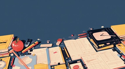 A nostalgic classroom setup on a green chalkboard background, featuring colorful pencils, textbooks, an apple, magnifying glass, and an alarm clock--sref