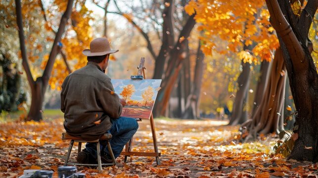 Artist painting a canvas set in a park with trees shedding autumn leaves