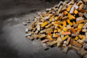 Pile of Old Bricks in Urban Setting Construction Building - 786419857