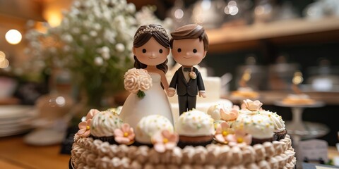 Fototapeta premium Playful wedding cake topper with miniature cartoon versions of the bride and groom