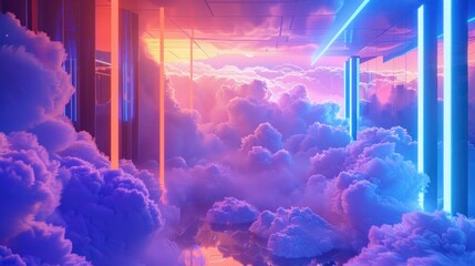 Surreal clouds in a room lit by neon lighting.