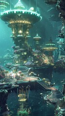 Bioluminescent podium in an underwater Atlantean city, for mesmerizing and captivating items