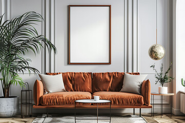 Mockup poster frame above a Loveseat in aliving roomhyperrealistic shot, modern interior scanidavian style