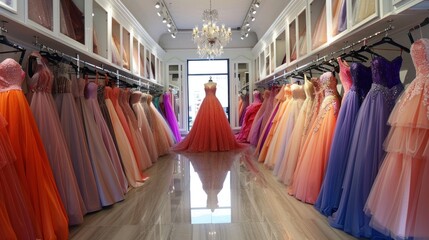 Visualize a high-end boutique, offering a selection of formal dresses for sale, from prom gowns to wedding and bridesmaid dresses. - Powered by Adobe
