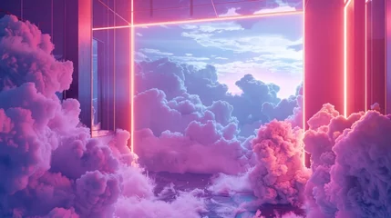 Fototapete Clouds in a room. Surreal atmosphere with neon lighting. © Postproduction