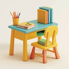 a toy desk with a chair and a stack of books