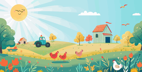 a farm scene with a tractor and chickens