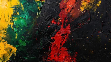 Abstract blend of black, red, yellow, and green on a modern art canvas.