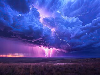 A dramatic thunderstorm brewing over a vast prairie, with dark clouds rolling in and lightning illuminating the sky raw power of nature Intense bursts of lightning streak across the sky, casting