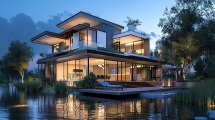 3d rendering of modern house by the river at morning, house, luxury, villa, modern, architecture, building, exterior, residential, property, designer