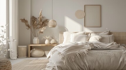 Modern bedroom interior in soft beige tones highlighting comforting details.