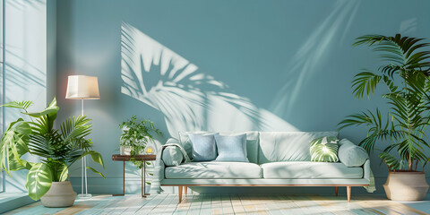 Home renovation and development of residence luxury modern condo interiors with couch blue Pillows and plants in the style of luminous shadows. - obrazy, fototapety, plakaty