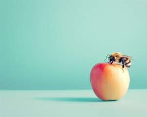 Minimal food concept advertising-inspired with bee sitting on an apple against a pastel turquoise background, creating a playful compositon . Web banner with copyspace.