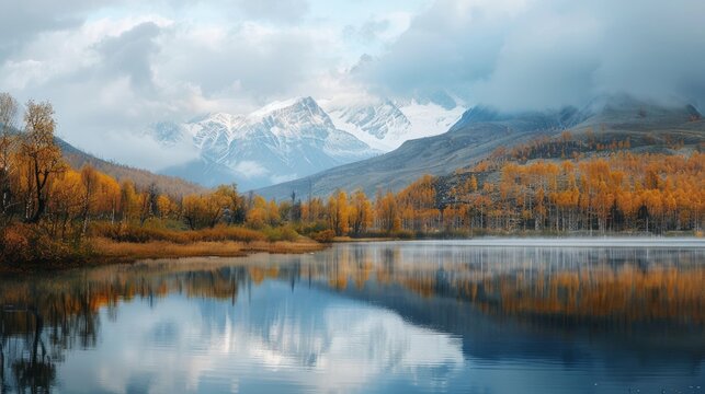 Lake Cicely Altai, Siberia, cloudy autumn day. Taiga, beautiful sky, haze, mountains with snow peaks, panorama.