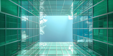 Modern glass building with white and green accents, showcasing polygonal architecture on blue sky background