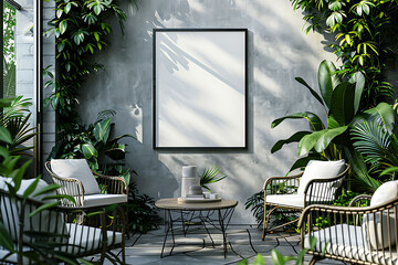 Mockup poster frame above a Patio Table in aliving roomhyperrealistic shot, modern interior scanidavian style